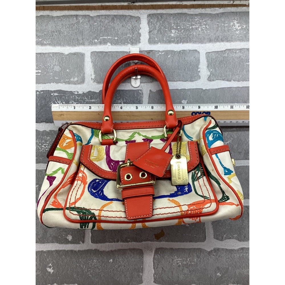Coach Scribble Multi Color Canvas Satchel Bag Orange Leather Trim 2005 1857 - Picture 4 of 13